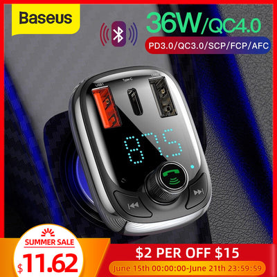 Baseus Quick Charge 4.0 Car Charger with FM Transmitter Bluetooth Handsfree FM Modulator PD 3.0 Fast USB Car Charger For iPhone